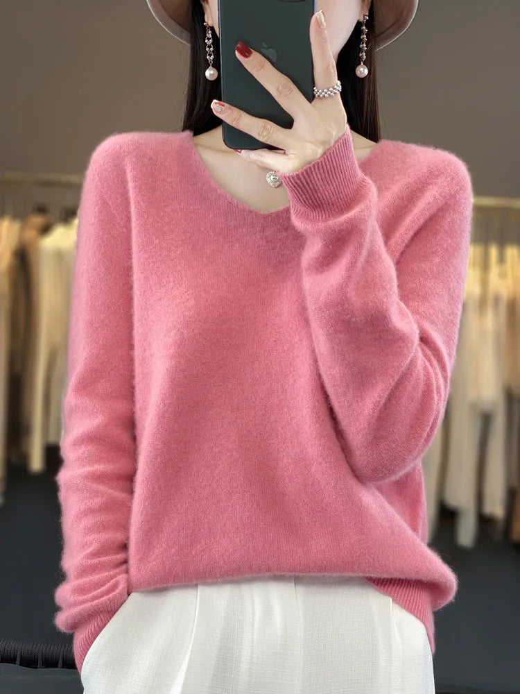Women’s 100% Merino Wool Sweater – Elegant V-Neck Long Sleeve Pullover | Autumn & Winter Essential by Rarely