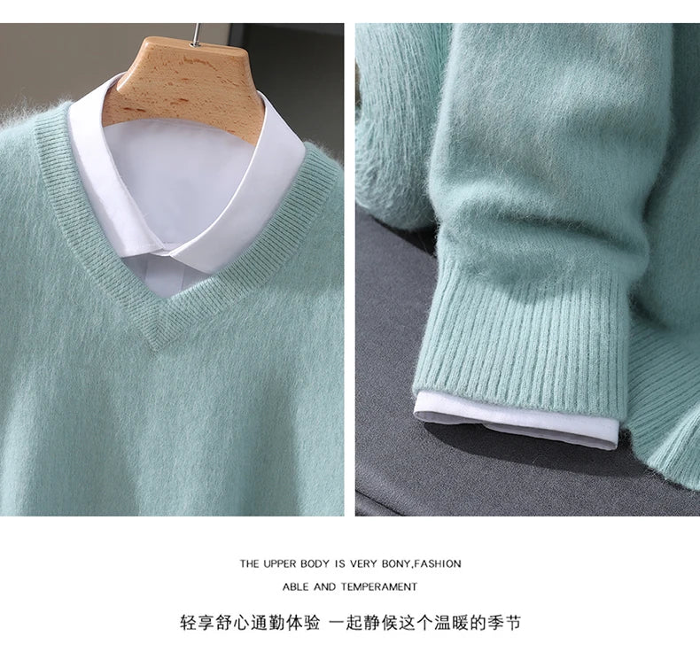 Suéter de cuello en V para hombre, 100% cachemir de visón puro – Suéter de punto suave de lujo para otoño e invierno