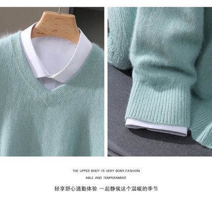 Suéter de cuello en V para hombre, 100% cachemir de visón puro – Suéter de punto suave de lujo para otoño e invierno