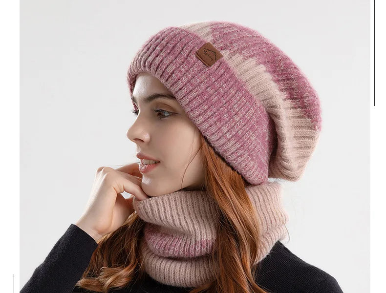 Ensemble bonnet et snood d'hiver pour femme – Bonnet et écharpe tricotés bicolores