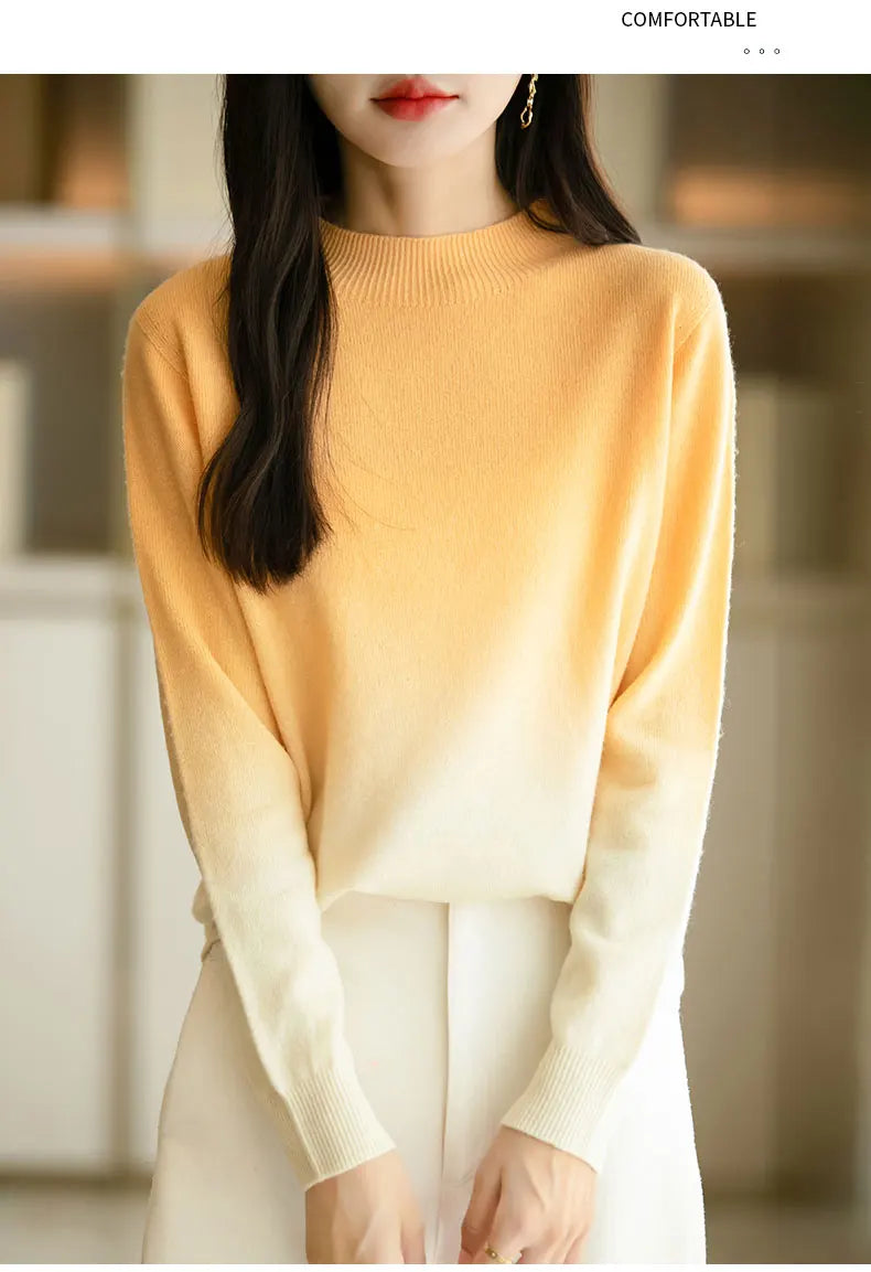 Suéter grueso de lana fina para mujer – Jersey de cuello alto con degradado de color | Prenda de punto elegante para el invierno de Raly