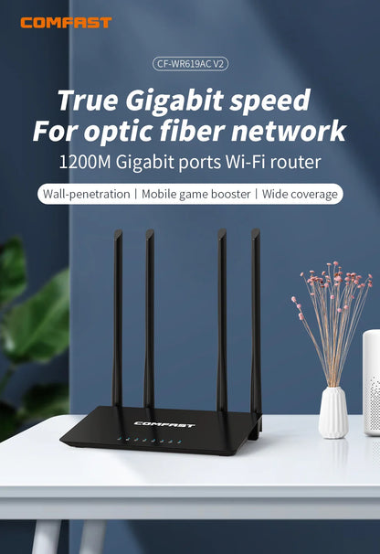 Router WiFi de doble banda COMFAST AC1200: Router inalámbrico MU-MIMO de 1200 Mbps con 4 antenas de 5 dBi (2,4 GHz y 5,8 GHz)