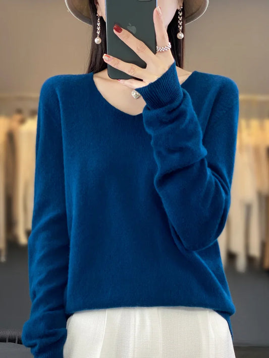 Pull femme 100 % laine mérinos – Élégant pull à manches longues et col V | Un indispensable automne-hiver par Rarely
