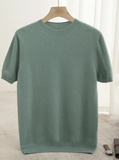 Pull homme 100 % laine mérinos, col rond, manches courtes – Collection