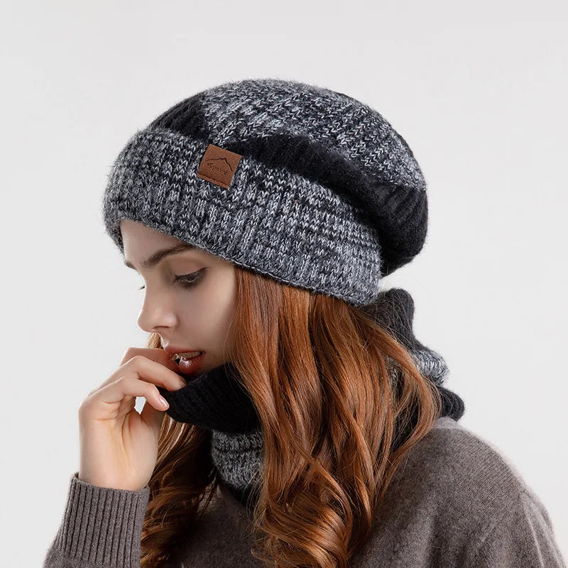 Ensemble bonnet et snood d'hiver pour femme – Bonnet et écharpe tricotés bicolores