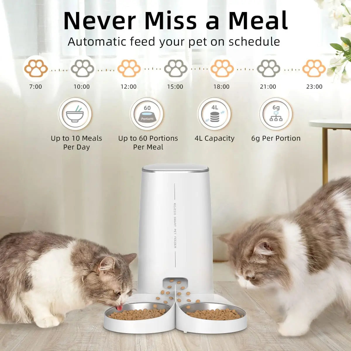 Comedero automático inteligente para gatos ROJECO – Dispensador de comida para mascotas con WiFi, temporizador, control por aplicación y grabación de voz (capacidad de 4 litros)