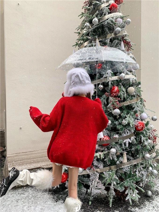 Pull-over ample et doux, brodé, motif floral 3D, maille épaisse, style gothique coréen, collection Noël 2026. Hauts et pulls féminins tendance.