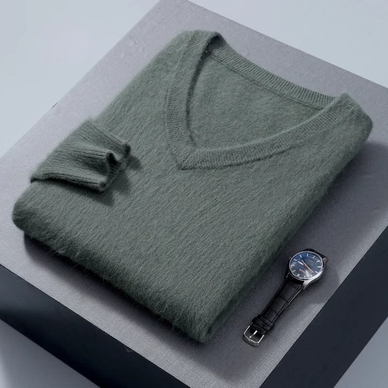 Suéter de cuello en V para hombre, 100% cachemir de visón puro – Suéter de punto suave de lujo para otoño e invierno