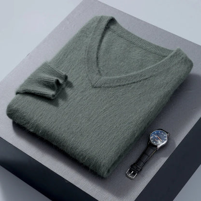Suéter de cuello en V para hombre, 100% cachemir de visón puro – Suéter de punto suave de lujo para otoño e invierno