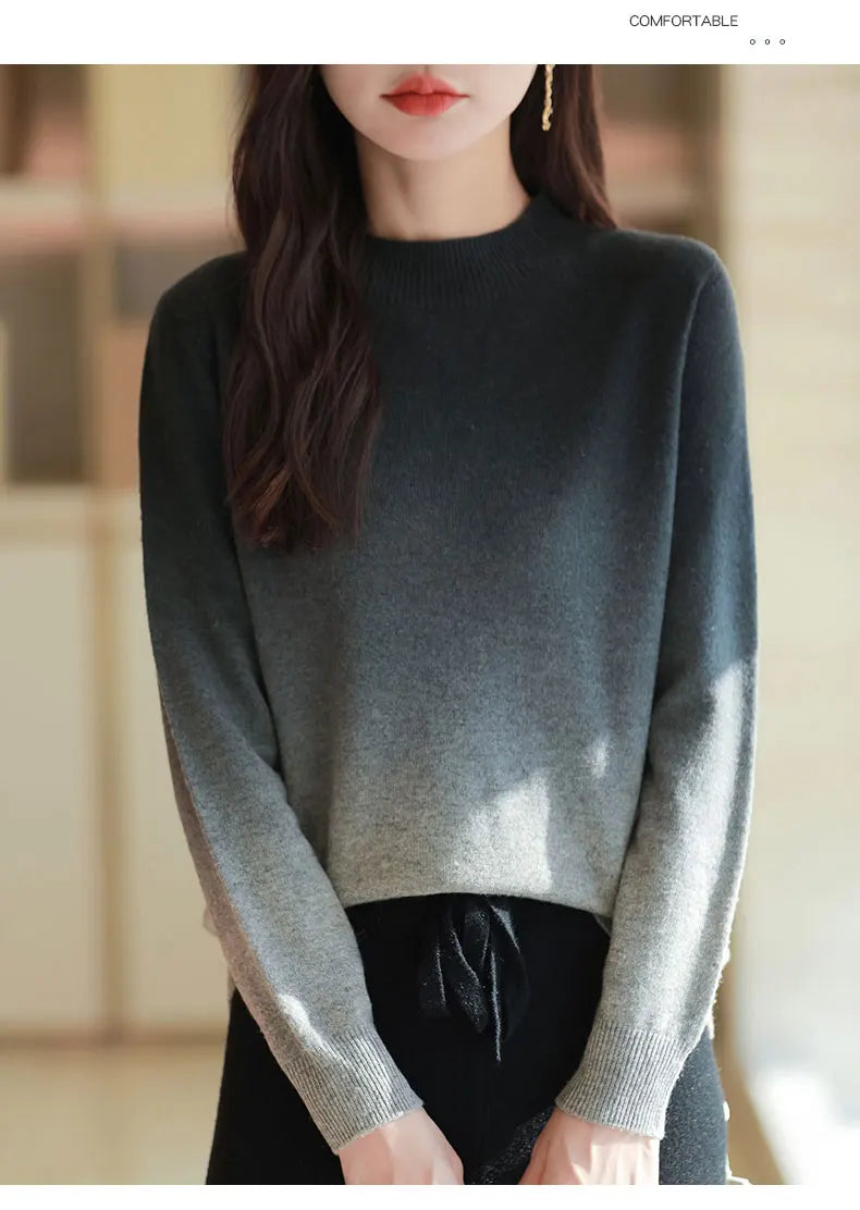 Suéter grueso de lana fina para mujer – Jersey de cuello alto con degradado de color | Prenda de punto elegante para el invierno de Raly