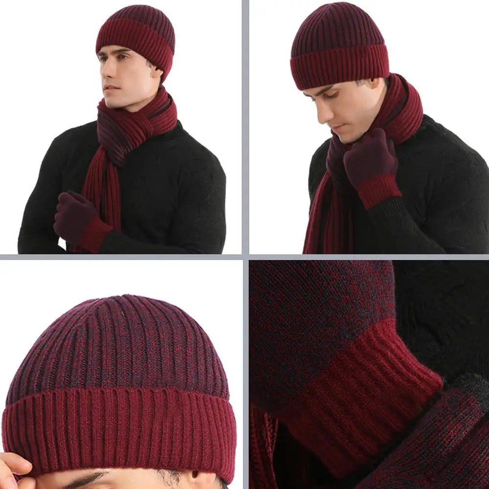 Conjunto de 3 gorros, bufandas y guantes de invierno para exteriores, resistentes al viento, cálidos y con protección para las orejas, de punto, para esquiar.