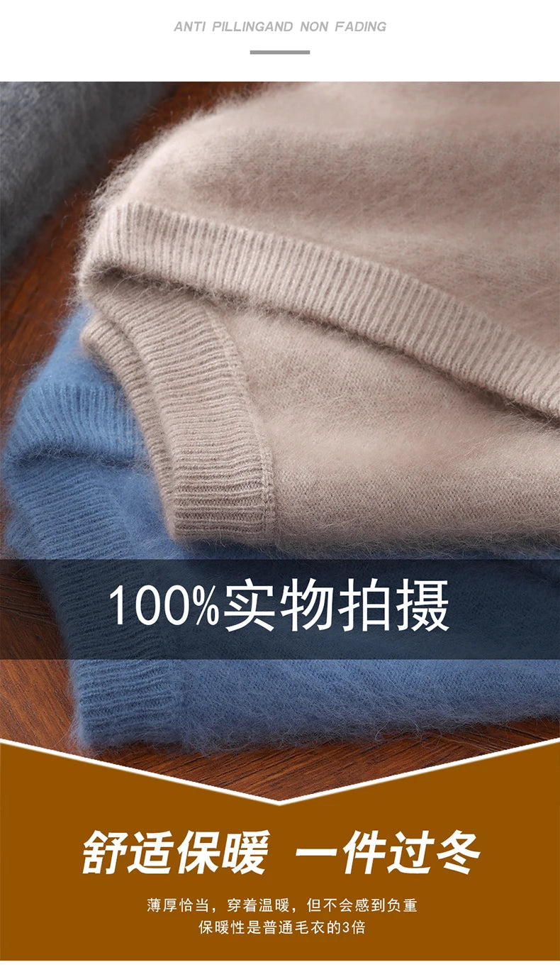 Suéter de cuello en V para hombre, 100% cachemir de visón puro – Suéter de punto suave de lujo para otoño e invierno