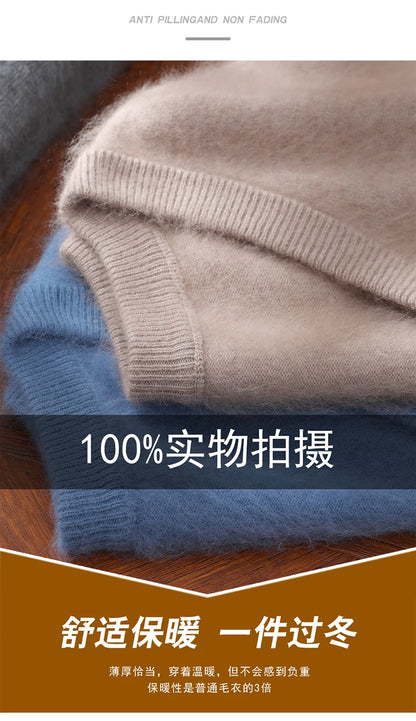 Suéter de cuello en V para hombre, 100% cachemir de visón puro – Suéter de punto suave de lujo para otoño e invierno