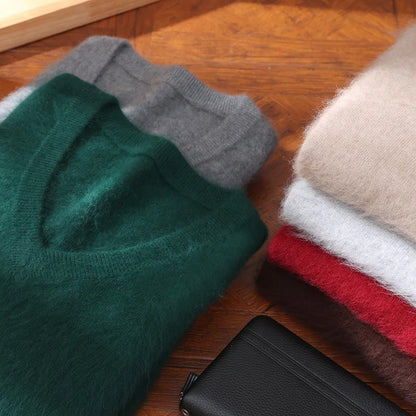 Suéter de cuello en V para hombre, 100% cachemir de visón puro – Suéter de punto suave de lujo para otoño e invierno