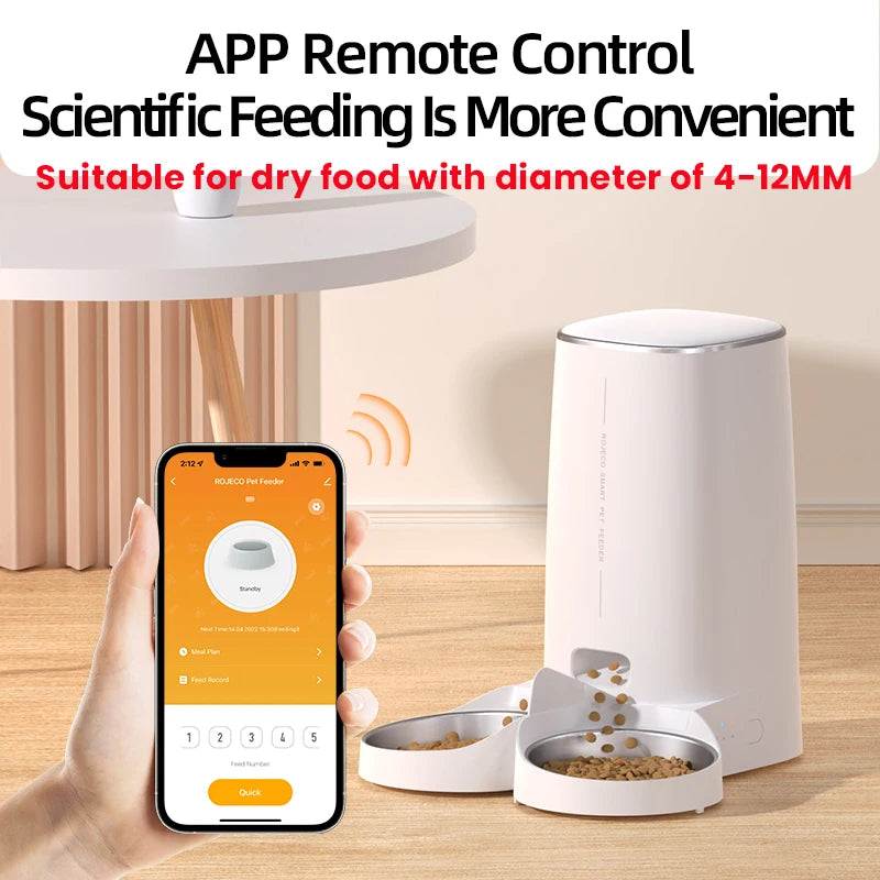 Comedero automático inteligente para gatos ROJECO – Dispensador de comida para mascotas con WiFi, temporizador, control por aplicación y grabación de voz (capacidad de 4 litros)