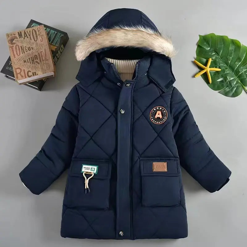 Abrigo grueso de invierno con capucha para niño: chaqueta cálida con cuello de piel