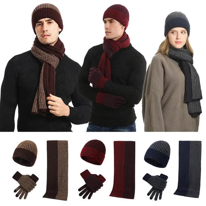 Conjunto de 3 gorros, bufandas y guantes de invierno para exteriores, resistentes al viento, cálidos y con protección para las orejas, de punto, para esquiar.