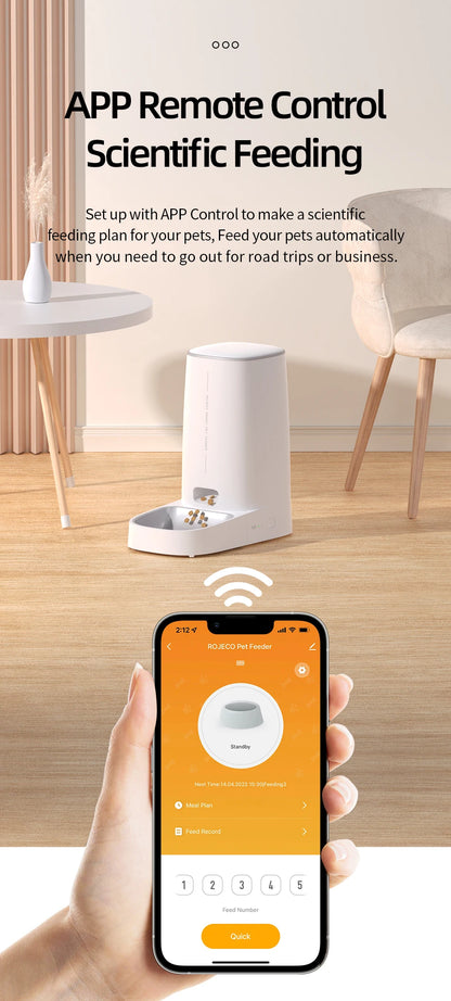 Comedero automático inteligente para gatos ROJECO – Dispensador de comida para mascotas con WiFi, temporizador, control por aplicación y grabación de voz (capacidad de 4 litros)