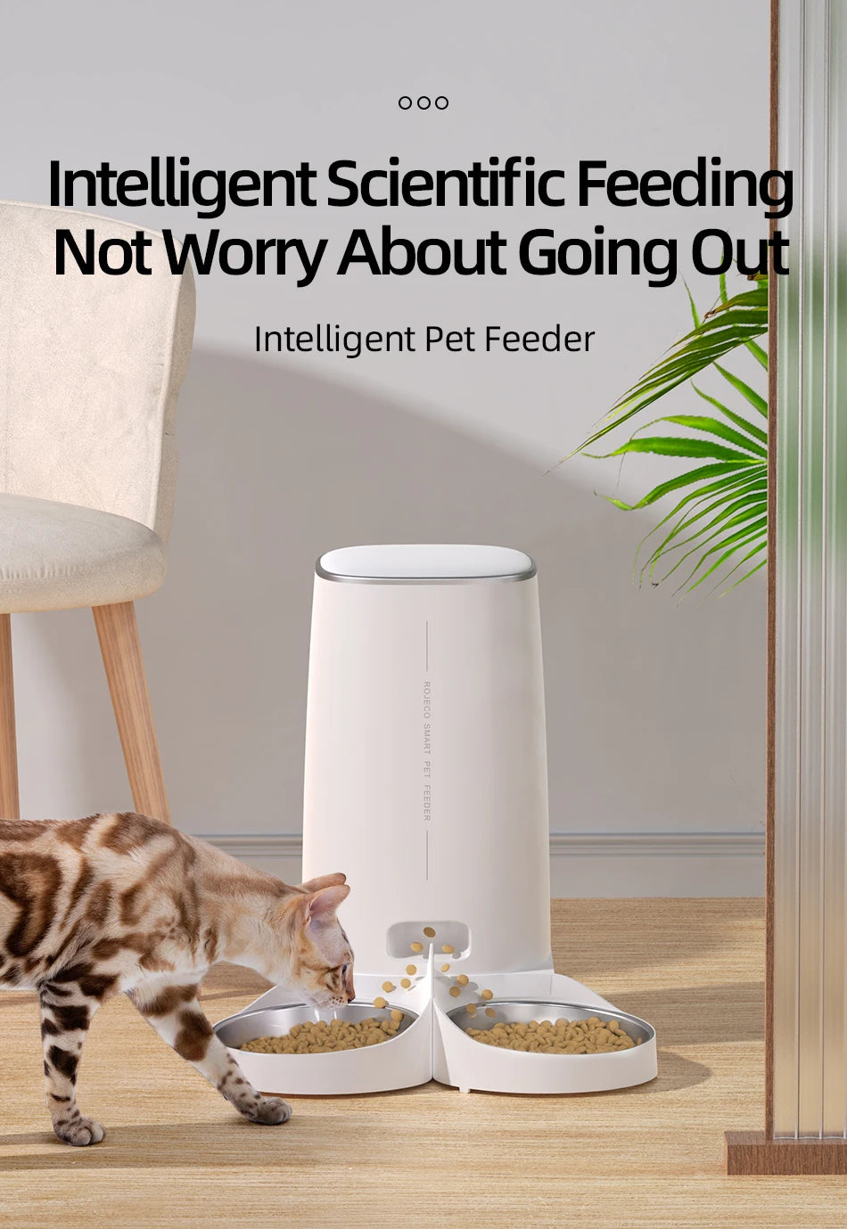 Comedero automático inteligente para gatos ROJECO – Dispensador de comida para mascotas con WiFi, temporizador, control por aplicación y grabación de voz (capacidad de 4 litros)