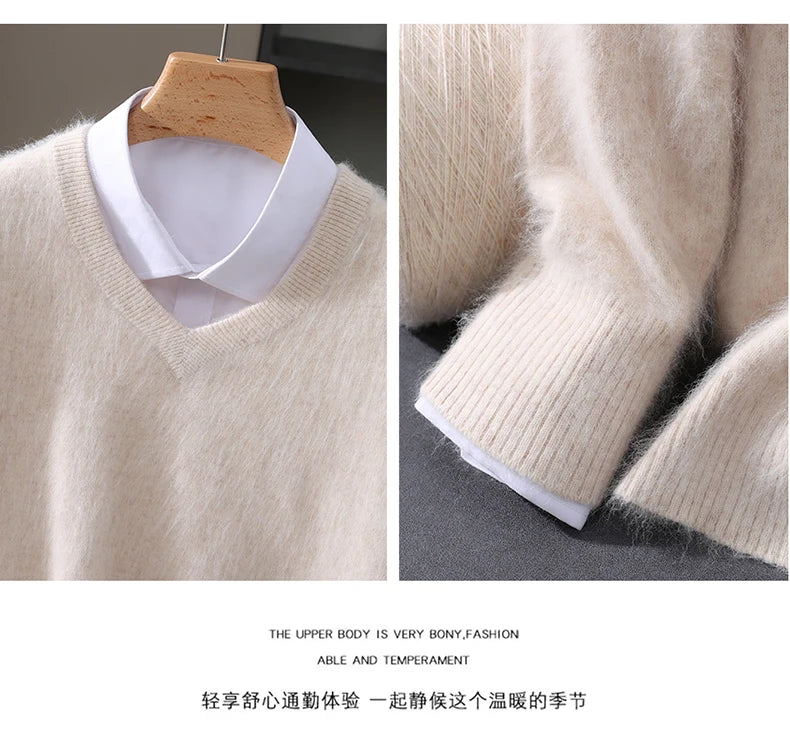 Men’s V-Neck Cashmere Wool Sweater – Soft Luxury Knit Pullover for Autumn & Winter