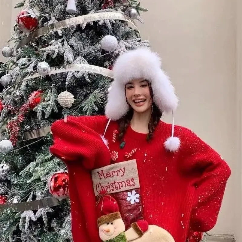 Pull-over ample et doux, brodé, motif floral 3D, maille épaisse, style gothique coréen, collection Noël 2026. Hauts et pulls féminins tendance.