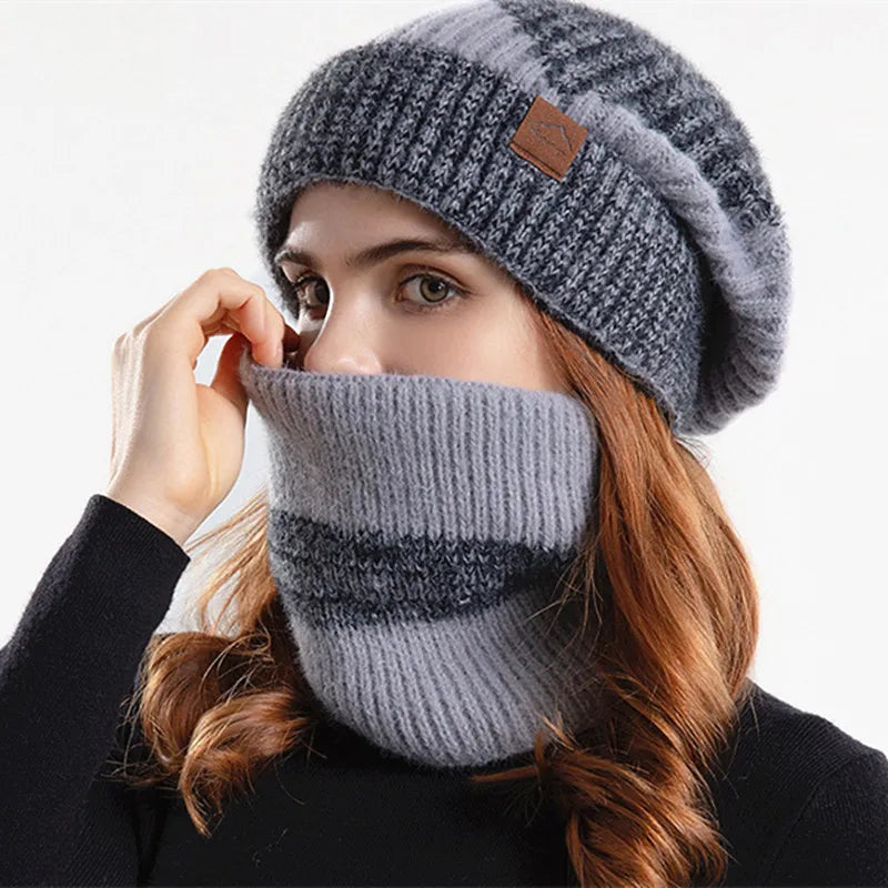 Ensemble bonnet et snood d'hiver pour femme – Bonnet et écharpe tricotés bicolores