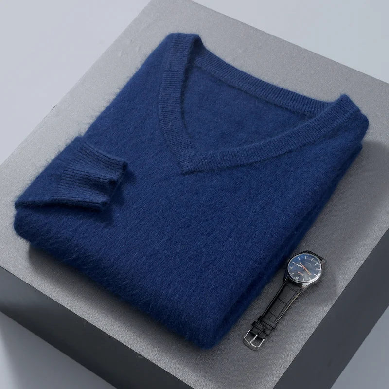 Suéter de cuello en V para hombre, 100% cachemir de visón puro – Suéter de punto suave de lujo para otoño e invierno