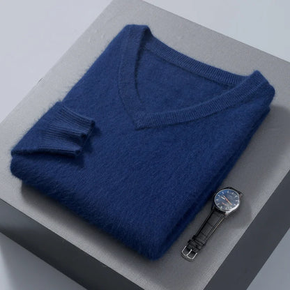 Suéter de cuello en V para hombre, 100% cachemir de visón puro – Suéter de punto suave de lujo para otoño e invierno