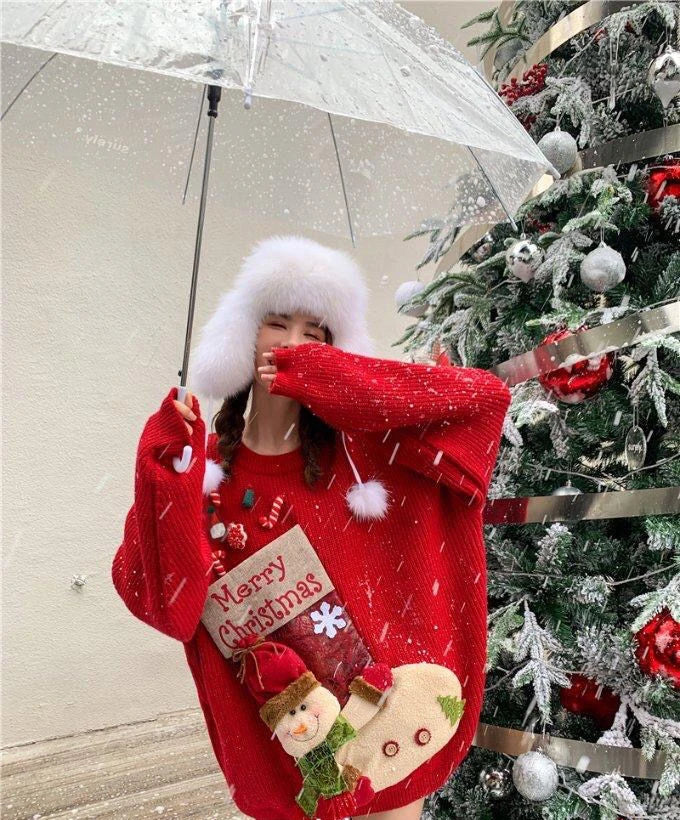 Pull-over ample et doux, brodé, motif floral 3D, maille épaisse, style gothique coréen, collection Noël 2026. Hauts et pulls féminins tendance.