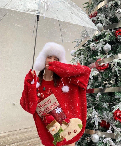 Pull-over ample et doux, brodé, motif floral 3D, maille épaisse, style gothique coréen, collection Noël 2026. Hauts et pulls féminins tendance.