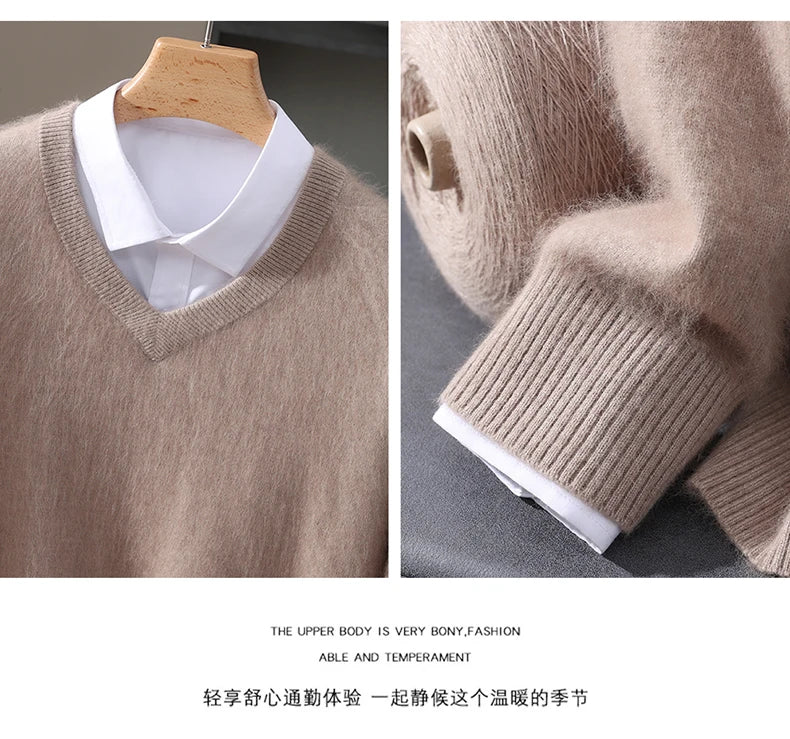 Men’s V-Neck Cashmere Wool Sweater – Soft Luxury Knit Pullover for Autumn & Winter