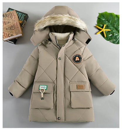Abrigo grueso de invierno con capucha para niño: chaqueta cálida con cuello de piel