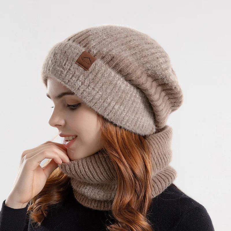 Ensemble bonnet et snood d'hiver pour femme – Bonnet et écharpe tricotés bicolores
