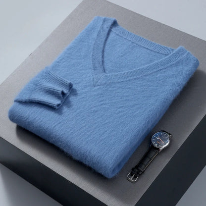 Suéter de cuello en V para hombre, 100% cachemir de visón puro – Suéter de punto suave de lujo para otoño e invierno