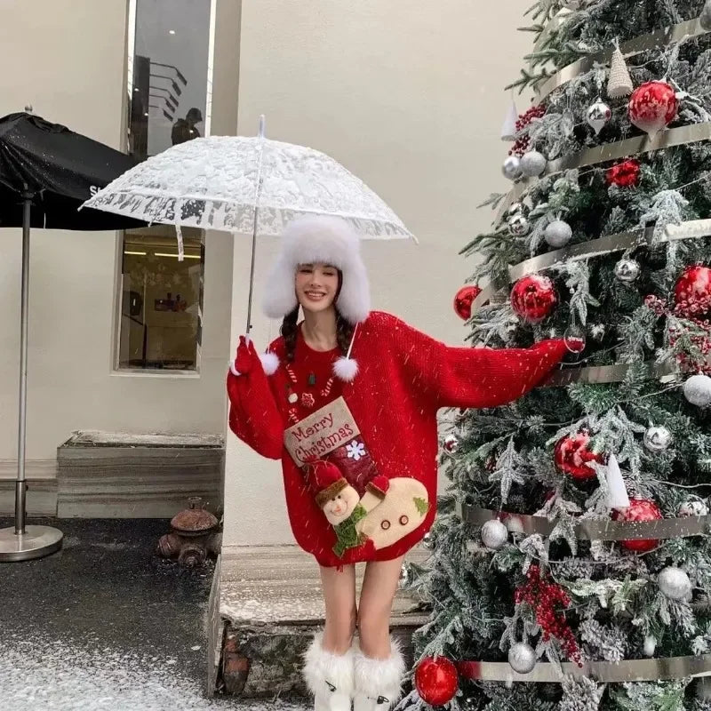 Pull-over ample et doux, brodé, motif floral 3D, maille épaisse, style gothique coréen, collection Noël 2026. Hauts et pulls féminins tendance.