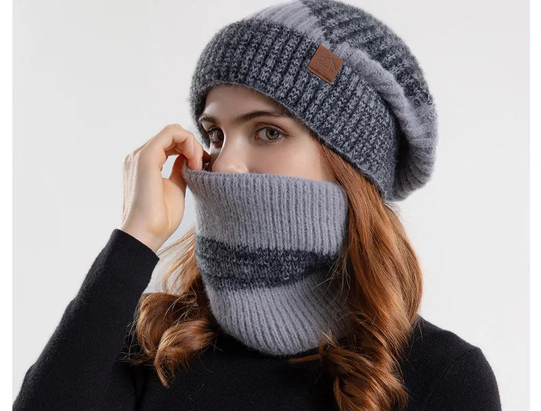 Ensemble bonnet et snood d'hiver pour femme – Bonnet et écharpe tricotés bicolores