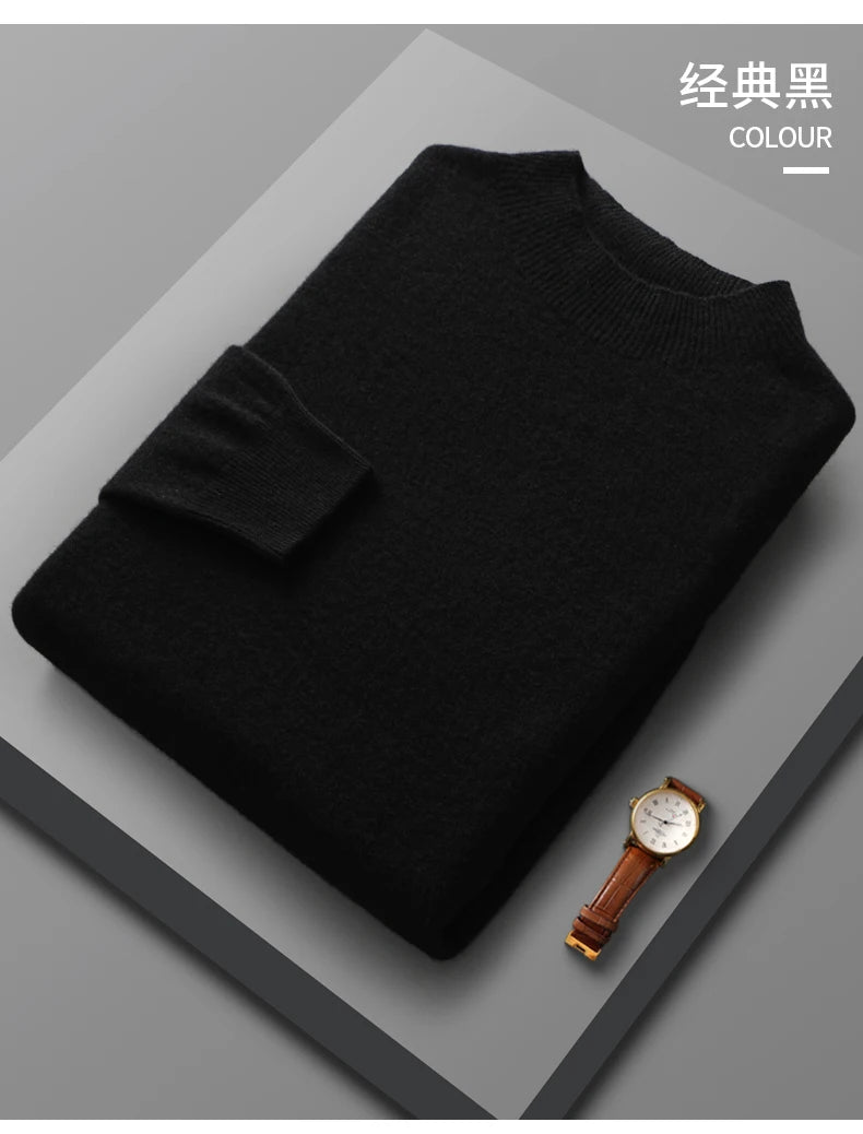 Suéter de lana merino 100 % para hombre: jersey de punto de lujo con cuello medio alto