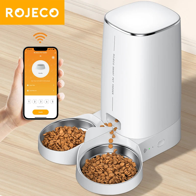 Comedero automático inteligente para gatos ROJECO – Dispensador de comida para mascotas con WiFi, temporizador, control por aplicación y grabación de voz (capacidad de 4 litros)
