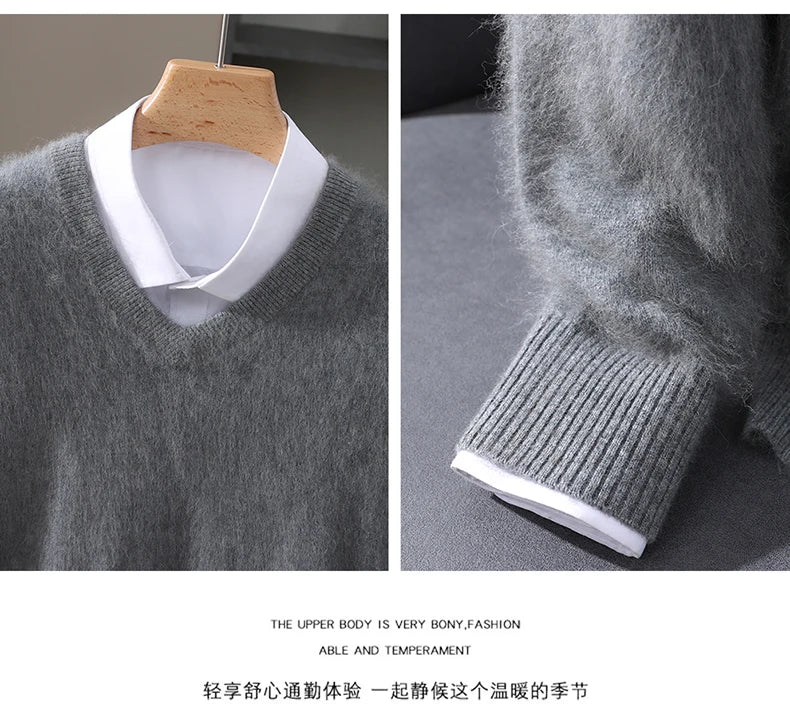 Men’s V-Neck Cashmere Wool Sweater – Soft Luxury Knit Pullover for Autumn & Winter