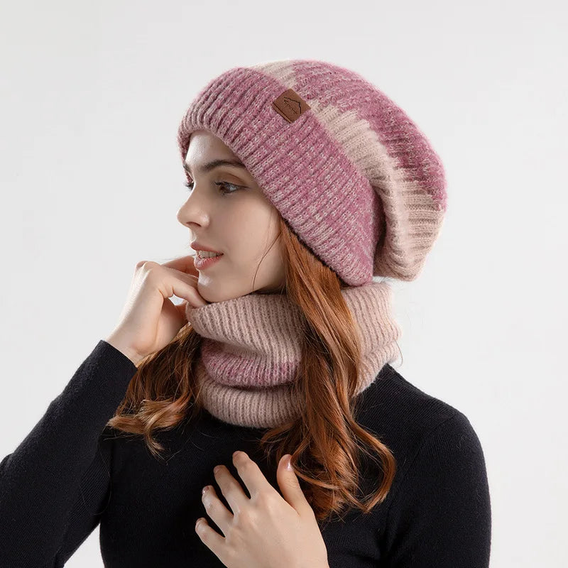 Ensemble bonnet et snood d'hiver pour femme – Bonnet et écharpe tricotés bicolores