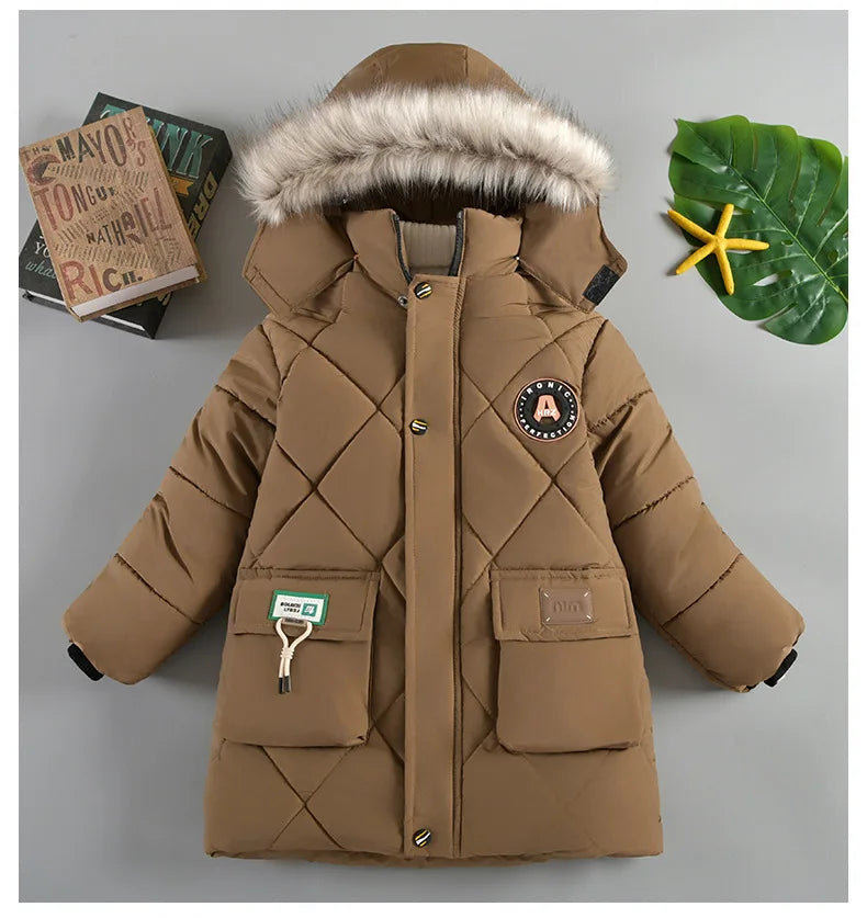 Abrigo grueso de invierno con capucha para niño: chaqueta cálida con cuello de piel