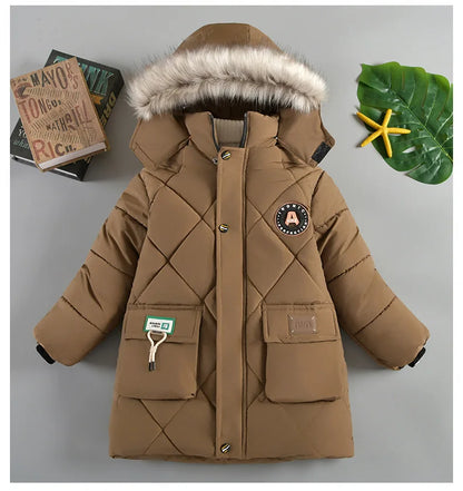 Abrigo grueso de invierno con capucha para niño: chaqueta cálida con cuello de piel