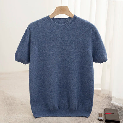 Pull homme 100 % laine mérinos, col rond, manches courtes – Collection